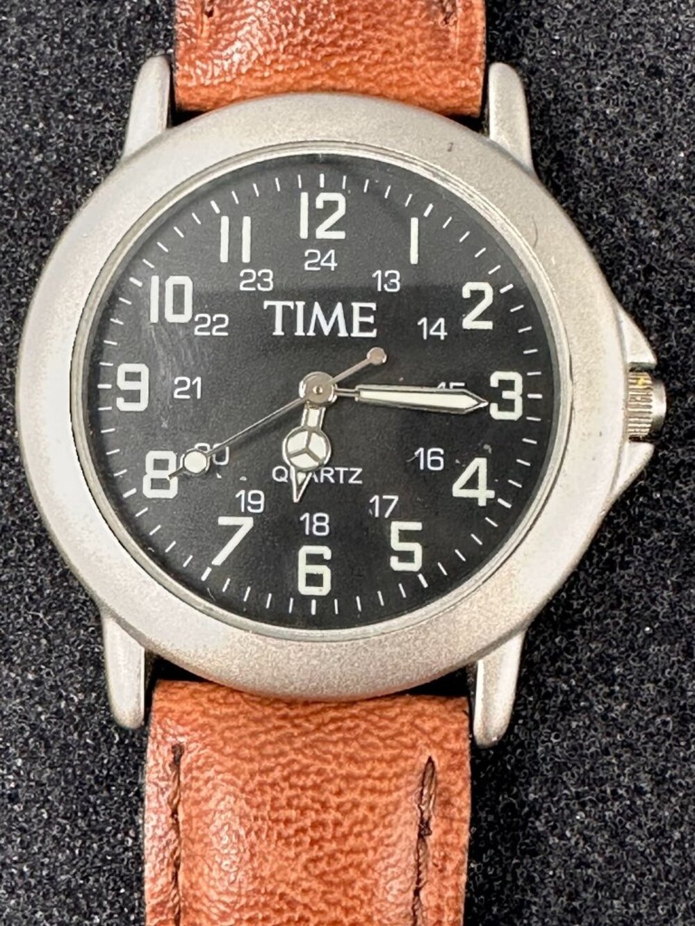 Time Watch Men Silver Tone Black Dial Brown Leather Band New Battery 9"